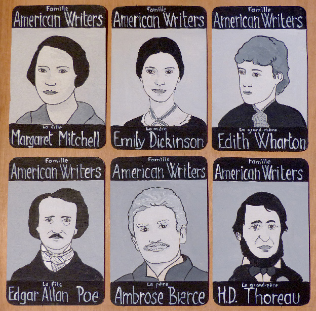 Laurent Jacquy. Peintures sur bois. Famille American Writers Margaret Mitchell, Emily Dickinson, Edith Wharton, Edgar Allan Poe, Ambrose Bierce, H.D. Thoreau