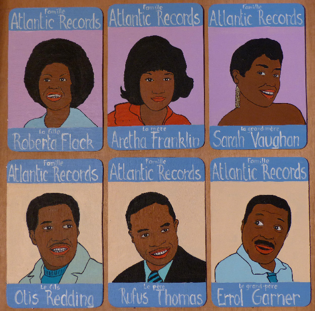 peintures originales Laurent Jacquy. Famille Atlantic Records  Roberta Flack, Rufus Thomas, Sarah Vaughan, Otis Reding, Aretha Franklin, Errol Garner