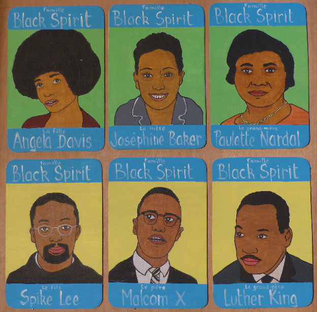 Laurent Jacquy. Peintures sur bois.Famille Black Spirit 1 Angela Davis, josepine Baker, Paulette Nardal, Spike Lee, Malcom X, Luther King