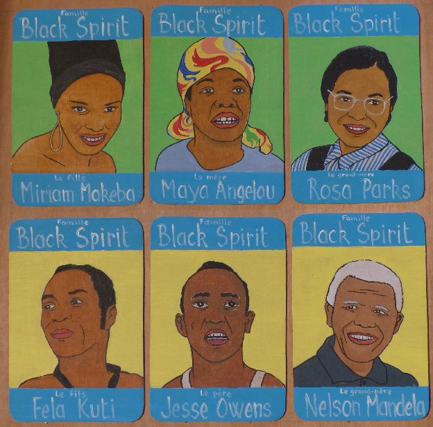 Laurent Jacquy. Peintures sur bois.Famille Black Spirit 2 Miriam Makeba, Maya Angelou, Rosa Parks, Féla Kuti, Jesse Owens, Nelson Mandela