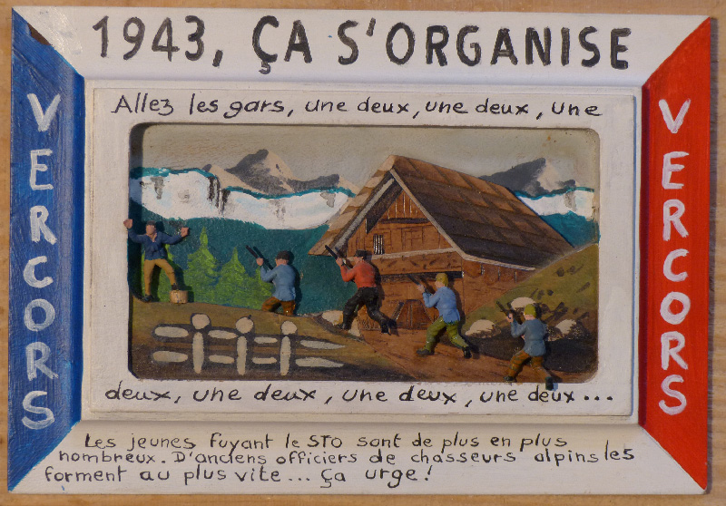 Laurent Jacquy. Série Vercors. Peinture sur cadre décoratif eb bas relief. 1943